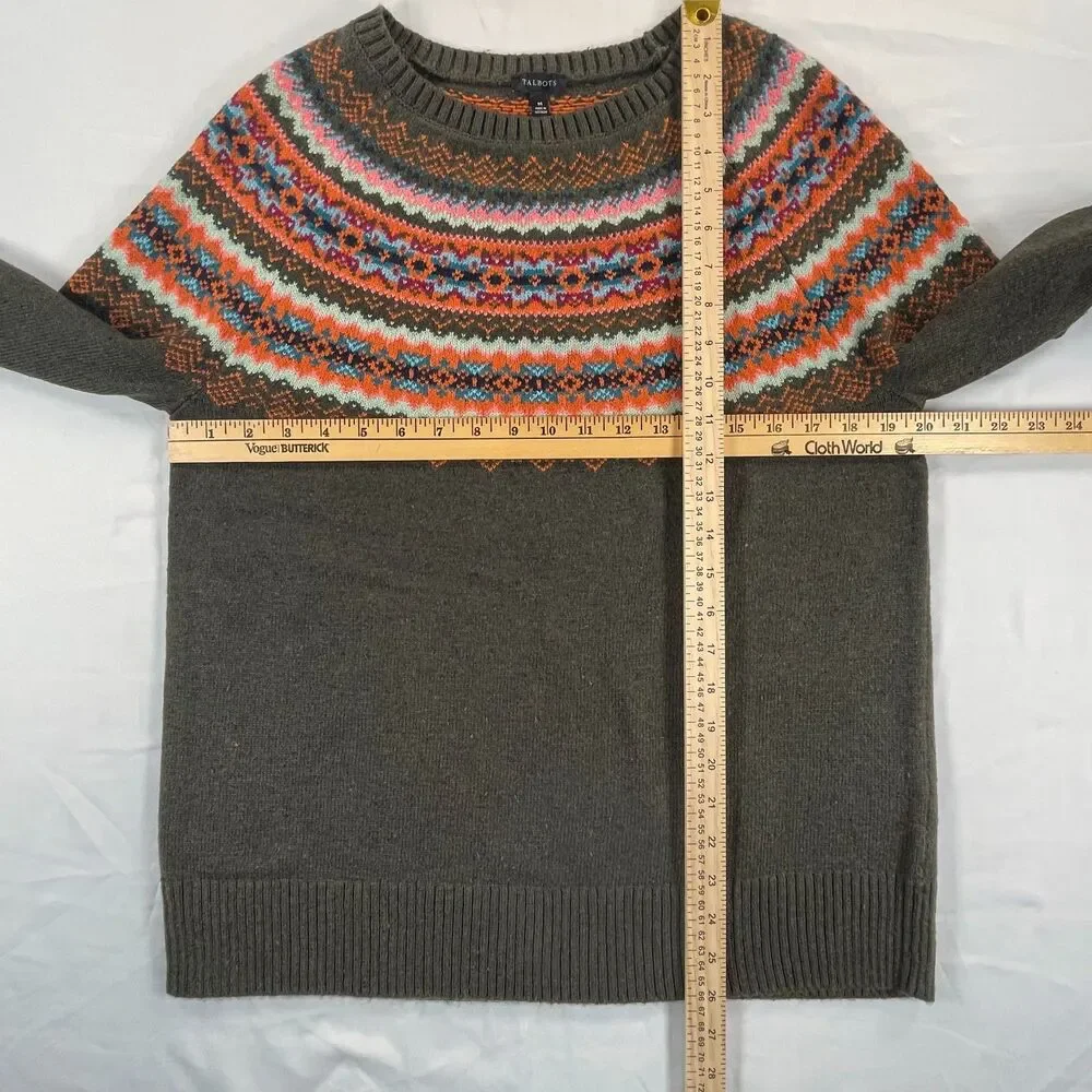 Talbots Fair Isle Knit Circular Yoke Sweater M Olive Orange Crewneck Cabin Fall